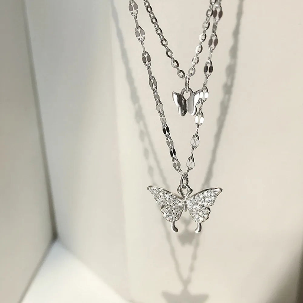 Dospita Shiny Y2K Silver Color Crystal Butterfly Necklace for Women Girls Kpop Layered Pendant Clavicle Chain Necklace Wedding Jewelry