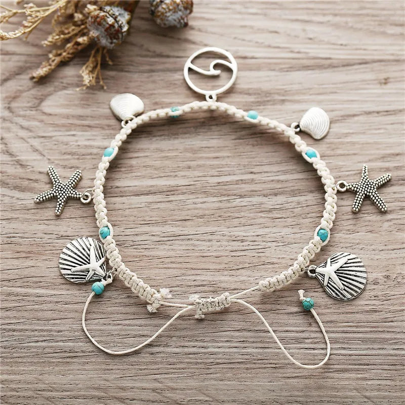 Dospita Bohemian Shell Starfish Wave Anklets for Women Handmade Green Stone Chain Foot Jewelry Summer Beach Anklet Bracelets