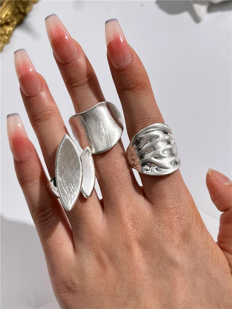 Dospita  -  Chunky Sliver Color Rings for Women Men Elastic Rope Connection Irregular Geometric Hollow Matte Fashion Trend Jewelry