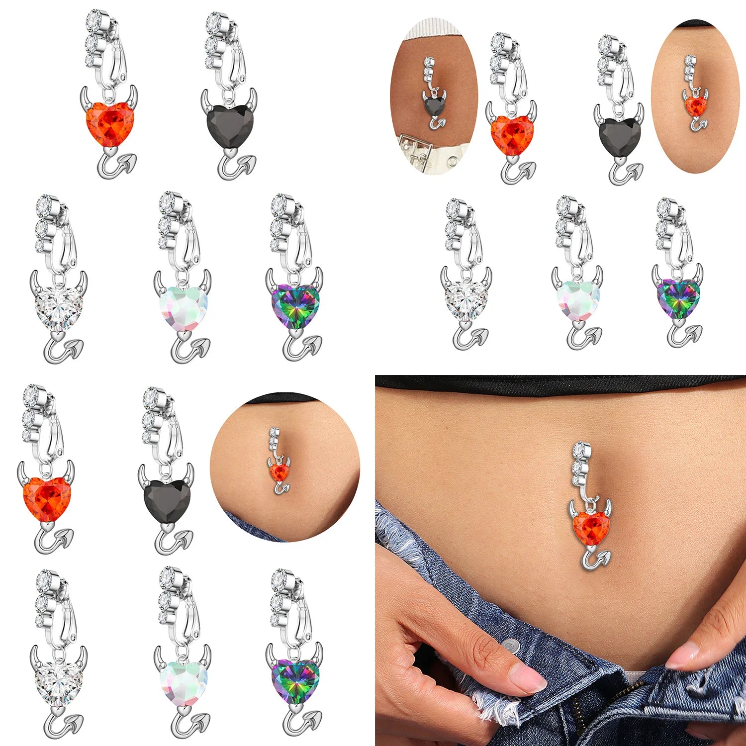 Dospita Heart Shape Clip on Belly Ring Without Puncture Devil Ear Umbilical Navel Belly Button Cartilage Clip On Body Jewelry Earrings