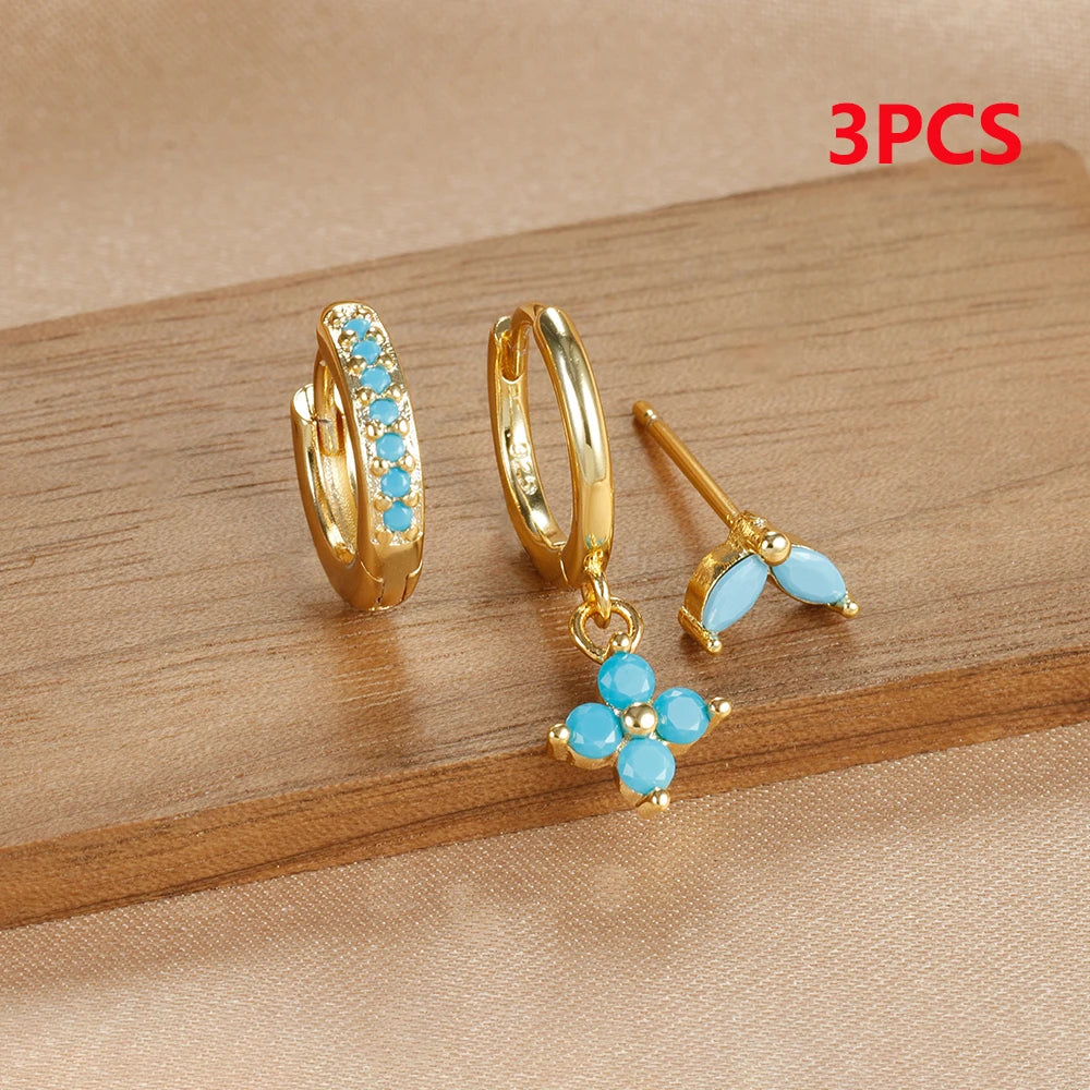 Dospita  -  3PCS Trendy Gold Color Flower Hoop Earrings Set for Women Elegant Stainless Steel Zircon Pendant Huggies Piercing Jewelry aretes