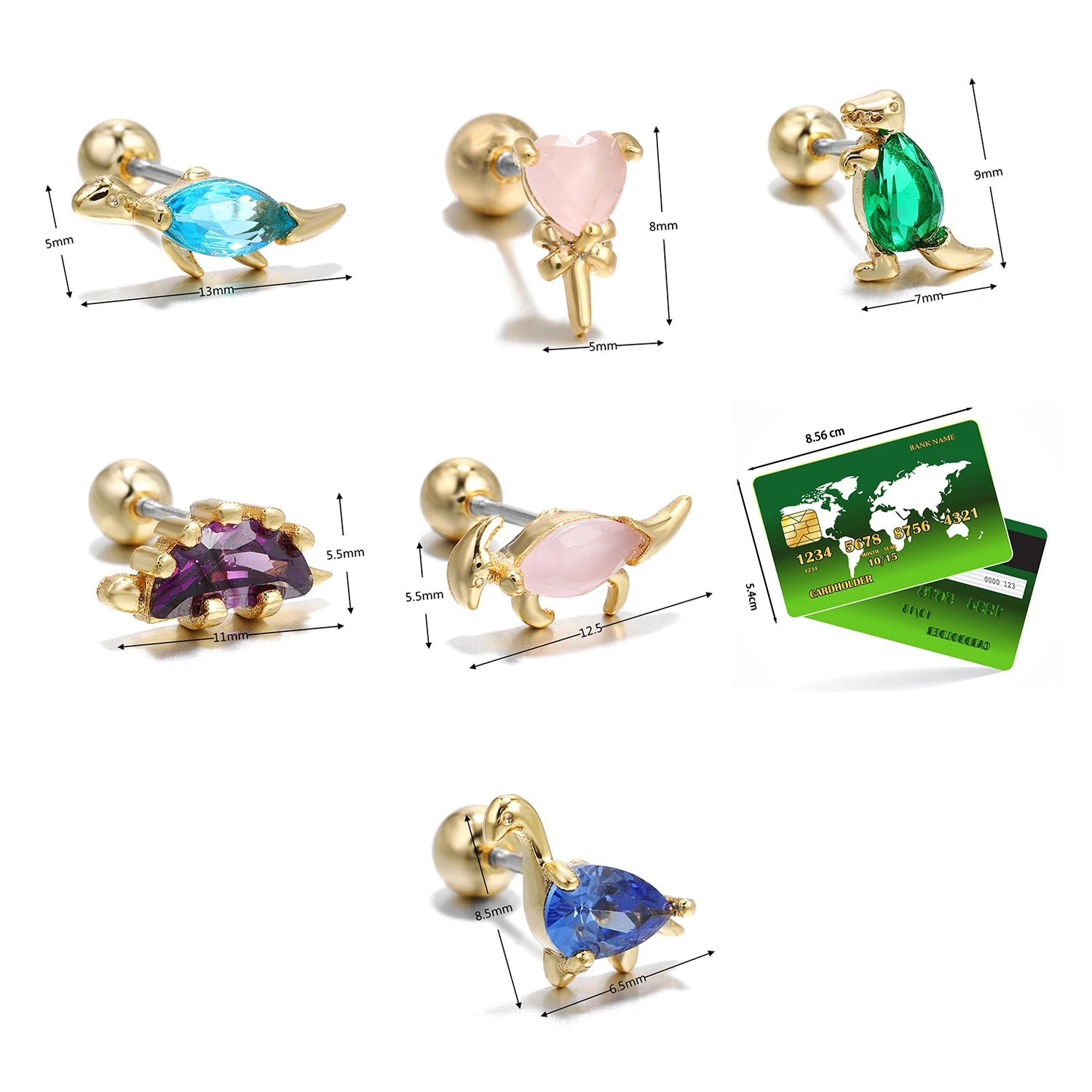 Dospita New Stainless Steel Screw Rod Zircon Dinosaur Ear Bone Nails Wild Animal Earrings Piercing Earrings Single Hot Sale