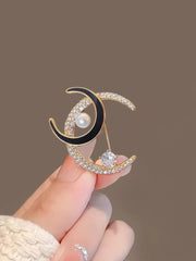 Dospita Simplicity Pearl Crystal Double Moon Brooches For Women Elegant Luxurious Rhinestone Alloy Enamel Brooch Safety Pins