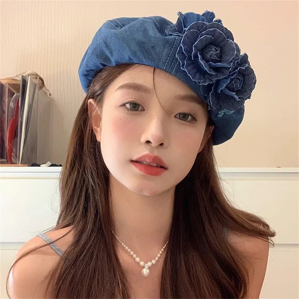 Dospita Y2K Korean Designer Vintage Elegance Denim Blue Camellia Beret Hats For Women Spring Summer Femininity Niche Casual Painter Caps