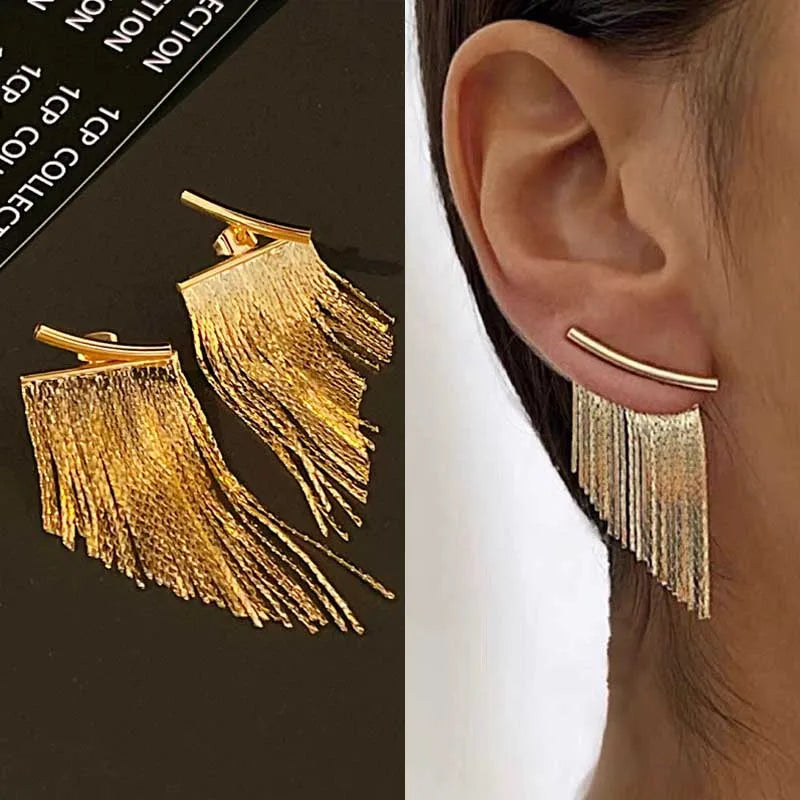 Dospita  -  Long Tassel Earrings for Women Korean Crystal Leaf Drop Earring Girls Accessories Statement Gold Color Brincos Jewelry Gifts