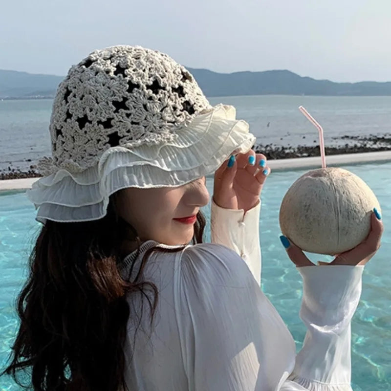 Dospita Women  Lace Knitted Fisherman Hat Hollow Bucket Hat Crochet Hat Lace Flower Cute Sweet Romantic Sun Hat