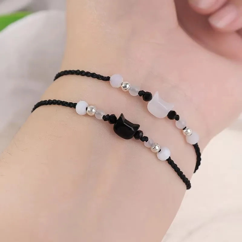 Dospita  -  1pair Natural Moonstone Obsidian Bracelets Couple Minimalist Bracelet Handmade Cute Black White Cat Bracelet Party Jewelry Gifts