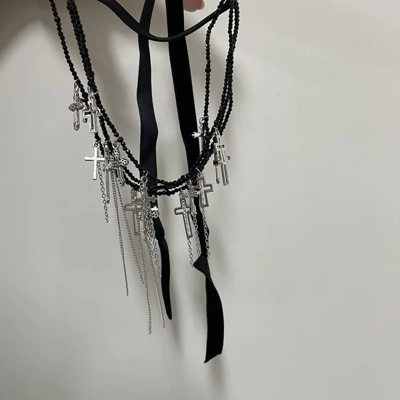 Dospita Gothic Cross Tassels Pendant Necklace for Women Girls Handmade Multilayer Beaded Necklace Pchoker Bracelet Dark Punk Jewelry Set