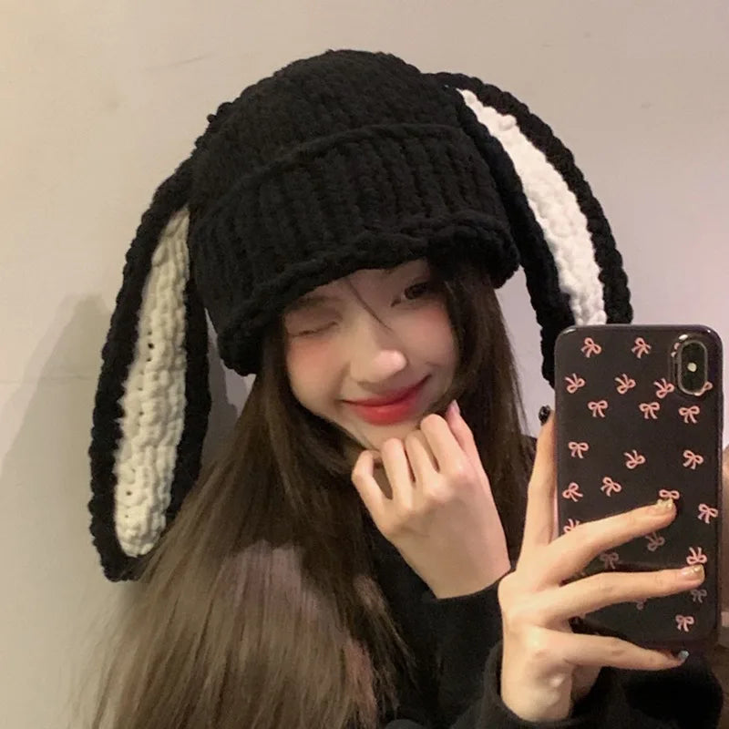 Dospita Cute Long Rabbit Ear Hats Women Winter Thick Warm Bomber Hat Casual Knitted Woolen Bonnet Handmade Punk Beanies Grunge Y2k Hat