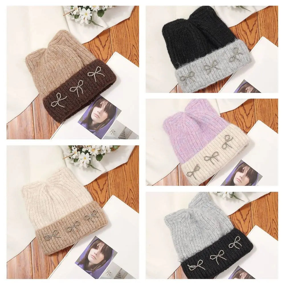 Dospita Retro Contrast Color Cat Ear Knitted Hat Warm Cap Bow Crochet Basin Cap Jennie Style Korean Knit Beanie Warm