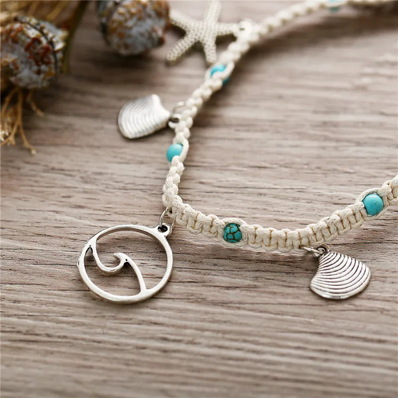 Dospita Bohemian Shell Starfish Wave Anklets for Women Handmade Green Stone Chain Foot Jewelry Summer Beach Anklet Bracelets