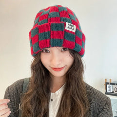 Dospita  -  Fashion Plaid Knitted Beanies for Women Winter Pullover Hat Red Green Color Checkerboard Skull Hat Street Casual Beanie Gorras