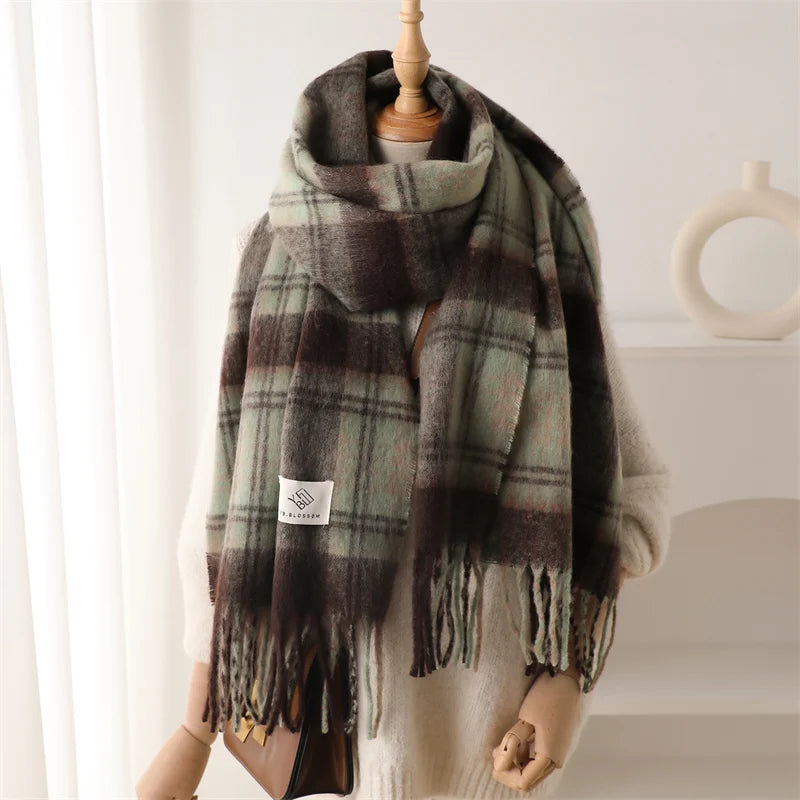 Dospita  -  Winter Scarf Women Color blocked Grid Cashmere Warm Pashmina Blanket Wraps Female Thick Soft Bufanda Tassel Shawl Poncho Echarpe