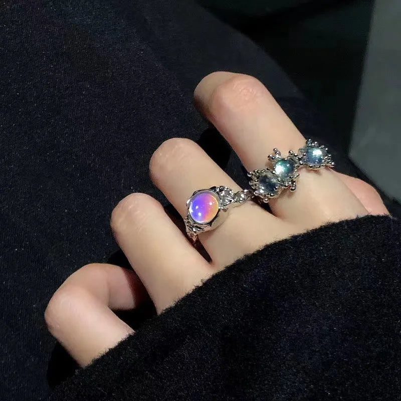 Dospita Y2K Kpop Crystal Ring for Women Heart Adjustable Irregular Punk Open Rings Vintage Geometric Trendy Creative Finger Jewelry