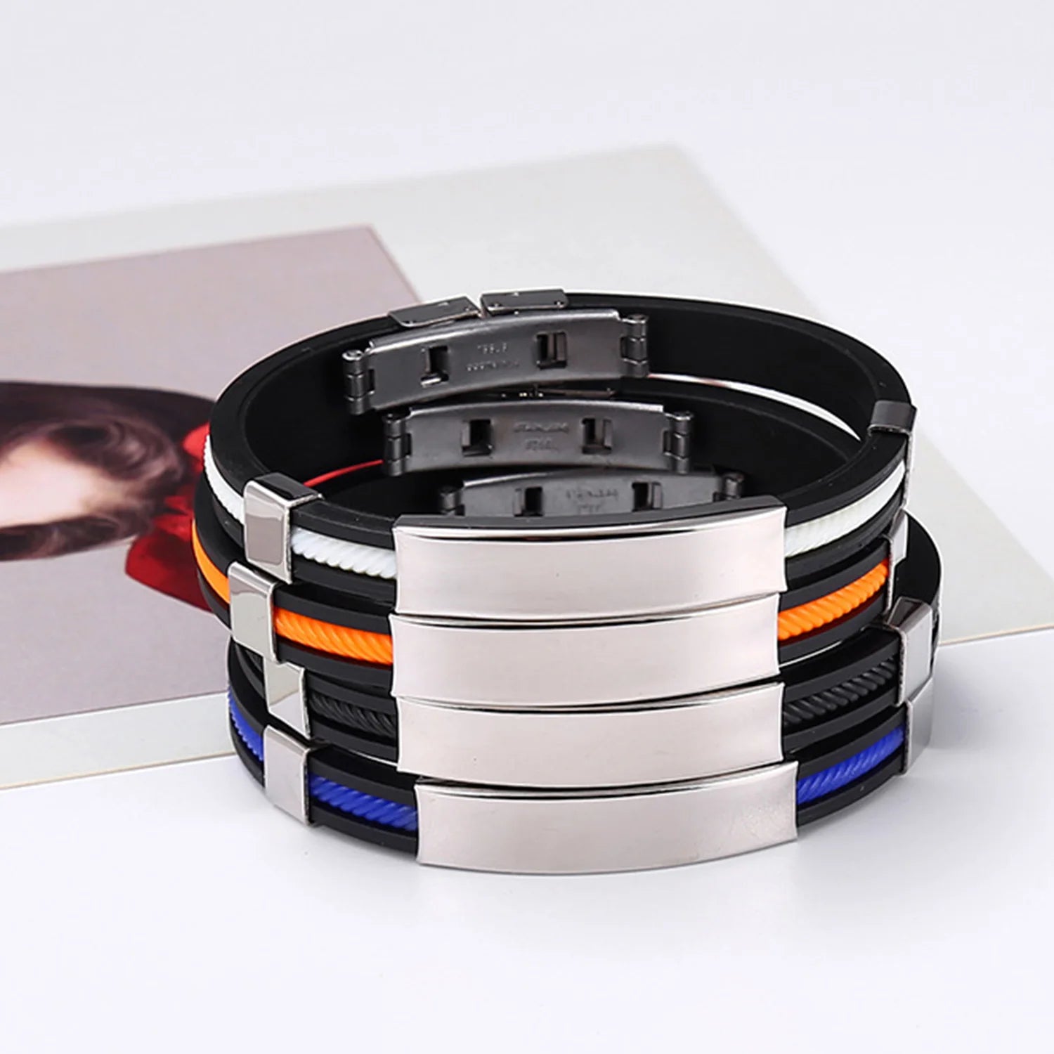 Dospita Titanium Steel Color Contrast Wristband Men Silicone Bracelets For Energy Women Weight Loss Bracelet Fashion Jewelry Gifts