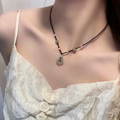 Dospita  -  Peace Buckle Pendant Necklace Hollow Jade Charms Necklace Chinese Style Clavicle Chain Leather Rope Sweater Necklace