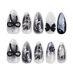 Dospita Pearl Heart Star False Nails Black Bow Gradient Color Press on Nails Sequin Almond Removable False Nail Nail Art for Women&Girll