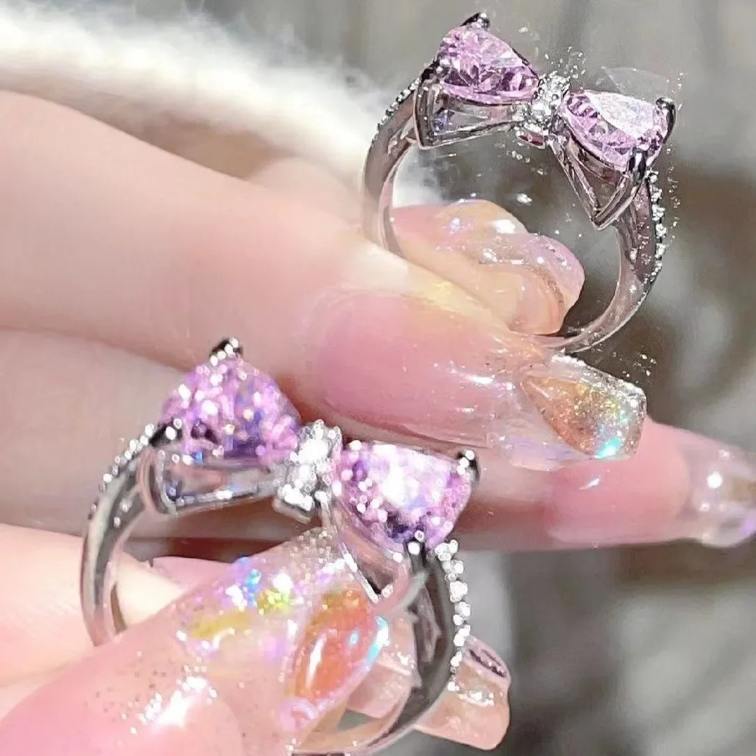 Dospita Blue Pink Crystal Heart Bowknot Rings Shiny Y2K Fashion Trendy Rhinestone Finger Ring Set for Women Party Wedding Jewelry Gifts