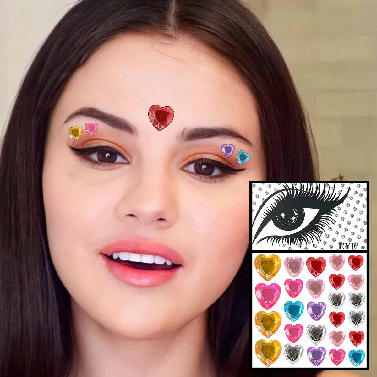 Dospita  -  Red Heart Face Jewelry Temporary Tattoos Eye Forehead Diamonds Jewels Makeup Sticker Sparkle Water Drop Gems Nail Art Festival