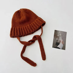 Dospita Casual Bowknot Strap Knitted Hat Wool Hat Korean Crochet Basin Cap Solid Color Warm Cap Knit Beanie Apparel Accessories