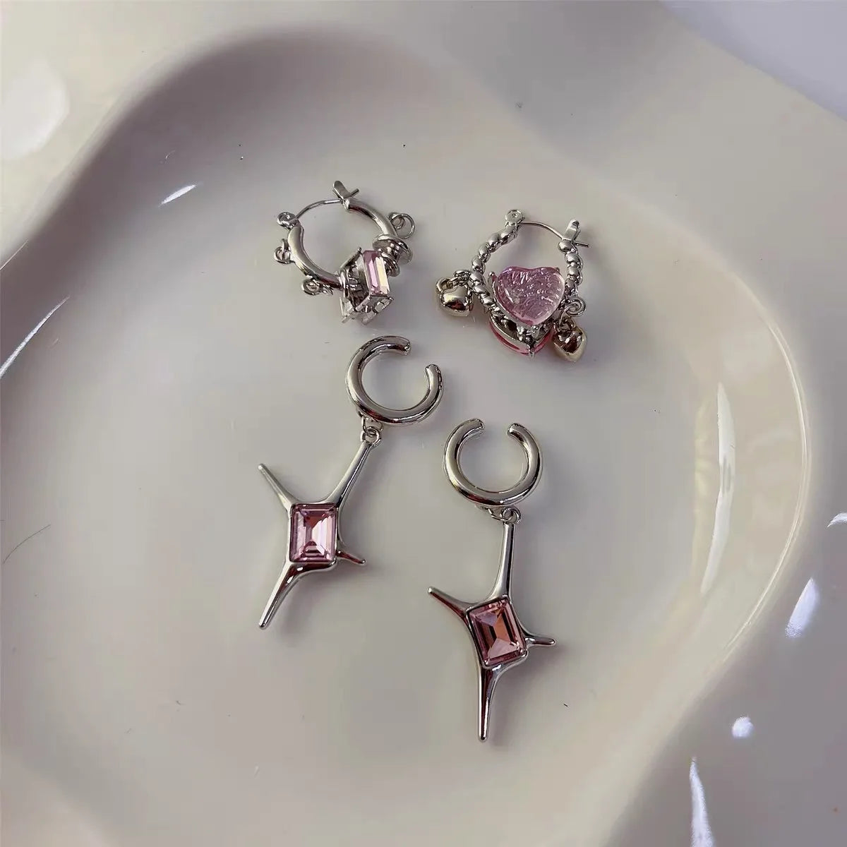 Dospita Y2k Accessories Pink Bling Crystal Heart Earrings Korean Fashion Irregular Star Earrings for Women's 2000s Jewelry Aesthetic