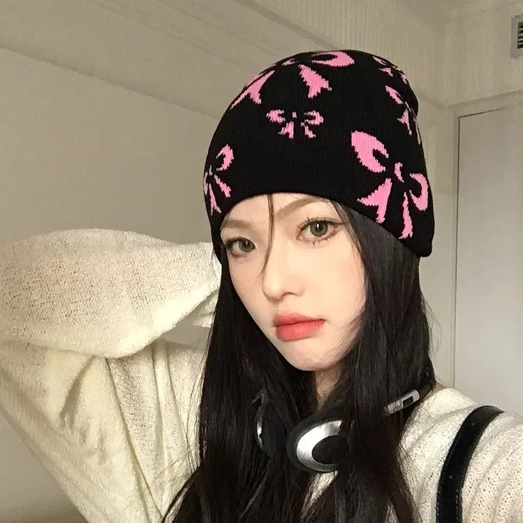 Dospita Street Graffiti Printed Baotou Cold Hat Blackpink Y2K Bow Retro Korean Knitted Hat Women Autumn and Winter Casual Versatile