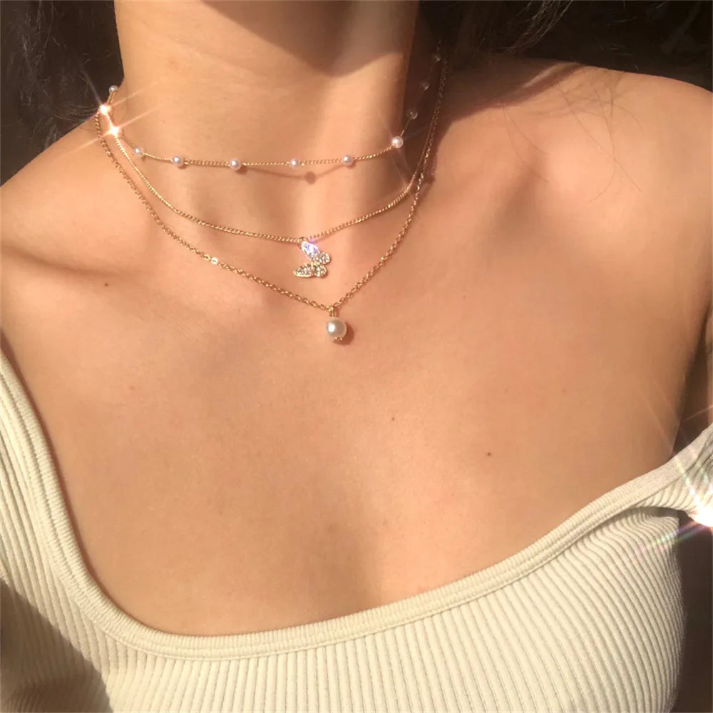 Dospita Shiny Y2K Silver Color Crystal Butterfly Necklace for Women Girls Kpop Layered Pendant Clavicle Chain Necklace Wedding Jewelry