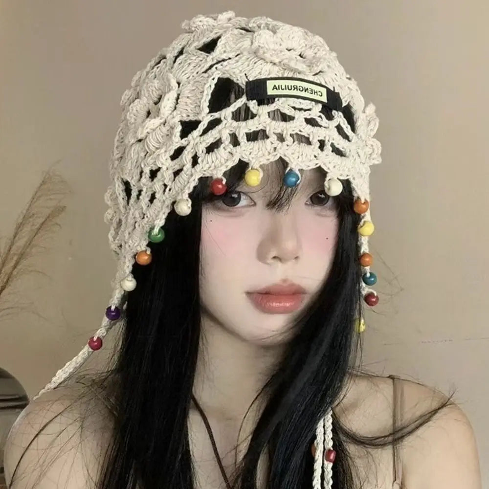 Dospita Crochet Flower Hollow Tassels Knitted Hat Hollow Out Bohemian Style Knit Cap Weave Thin Ethnic Style Hat Apparel Accessories