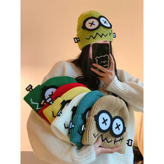 Dospita  -  Kpop Cute Cartoon Cuff Beanie Cap Women's Candy Color Big Eyes Smile Skullies Hat Fashion Streetwear Student Warm Winter Knitted