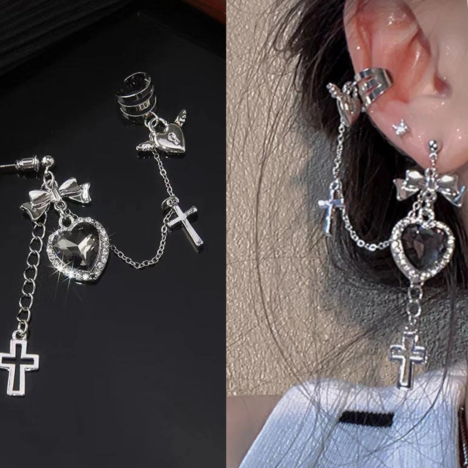 Dospita Punk Gothic Black Crystal Heart Cross Chain Ear Cuff For Men Women Hip Hop Metal Cross Ear Clip On Earrings Egirl Jewelry Gift