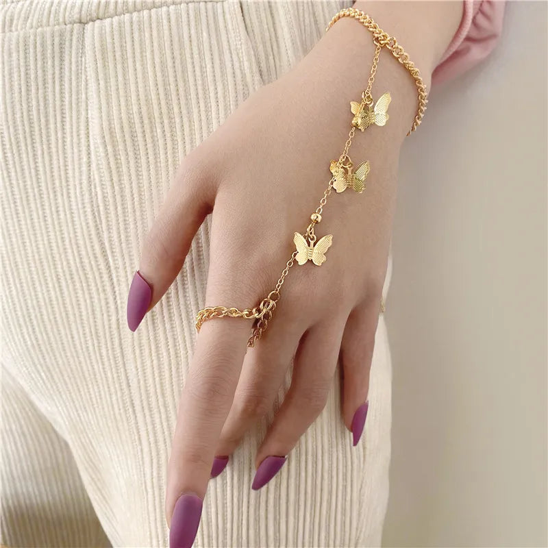 Dospita Boho Butterfly Slave Bracelet Ladies One-Piece Gold Color Chain Finger Ring Bracelet Women Girls Summer Beach Jewelry