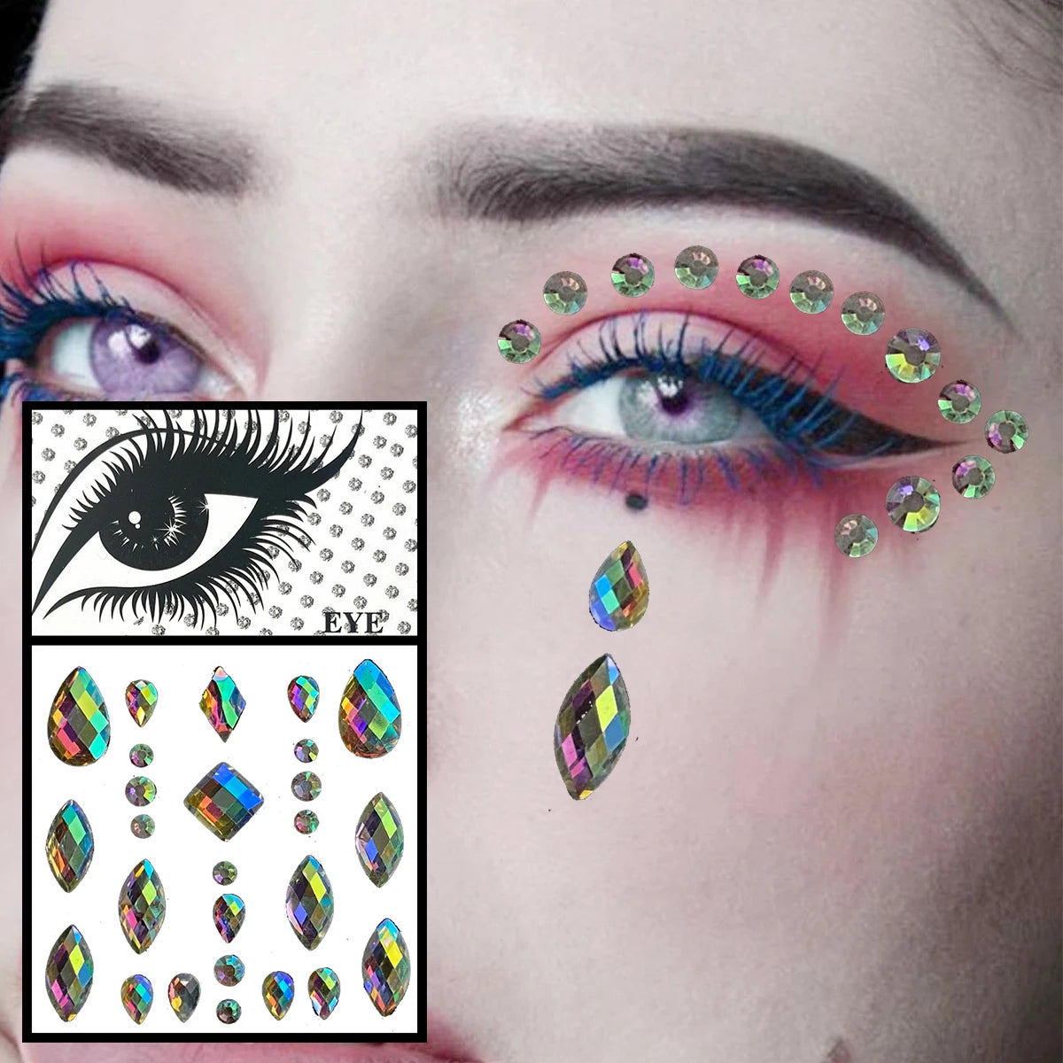 Dospita  -  Red Heart Face Jewelry Temporary Tattoos Eye Forehead Diamonds Jewels Makeup Sticker Sparkle Water Drop Gems Nail Art Festival