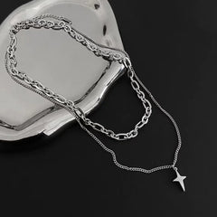 Dospita  -  New Design Double Layer Link Chain Cross Star Necklace for Women Man Teens Trendy Punk Hip hop Stainless Steel Choker