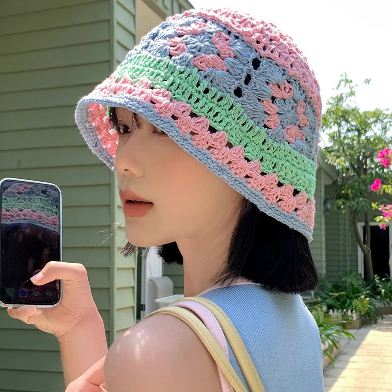 Dospita Korean Fresh Hand-knitted Bucket Hat Summer Hollow Breathable Sweet Versatile Basin Caps Japanese Niche Design Women's Hats