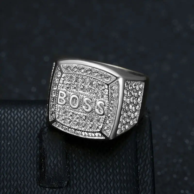 Dospita Stainless Steel Titanium Hip Hop Luxury Zircon Bling Iced Out BOSS Rings for Men Women Couple Boyfriends Gift Fashion Jewelry