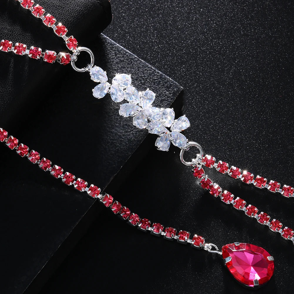 Dospita Fashion Pink Rhinestone Chest Chain Necklace for Women Festival Outfit Crystal Flowers Sexy Bra Chain Bikini Jewelry