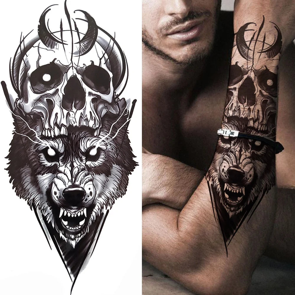 Dospita  -  1 Sheet Black Forest Tattoo Sticker for Men Woman Child Tiger Wolf Skull Flower Temporary Tattoo Skull King Animal Fake Tattoo