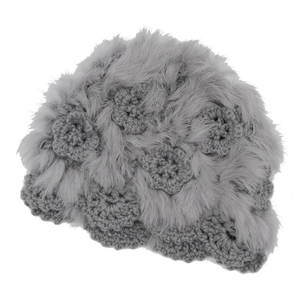 Dospita Trendy Knitted Hand Crochet Cap Korean Style Warm Faux Fur Hat Fluffy Casual Mesh Cap Women