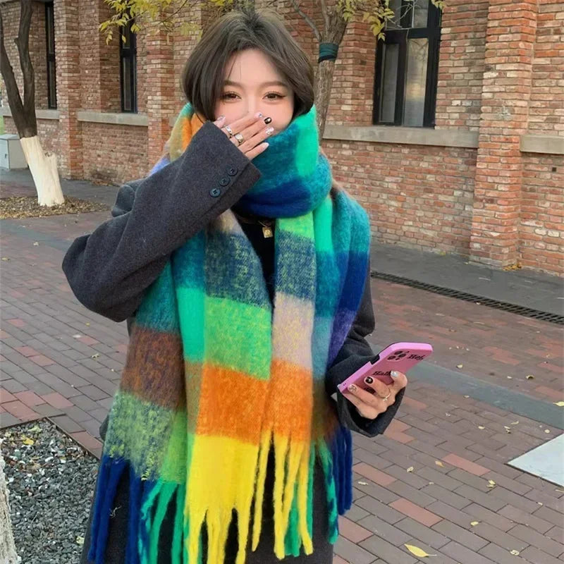 Dospita  -  1PC New Soft Winter Cashmere Scarf Multi-style Warm Long Tassel Scarves Mohair Thickened Wrap Shawls for Women Girls 230*40cm