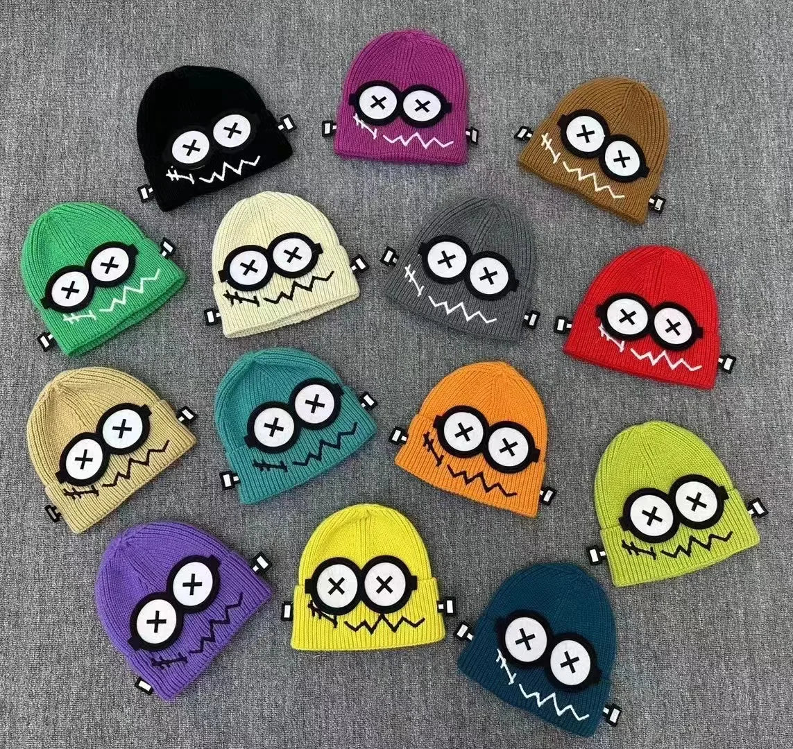 Dospita  -  Kpop Cute Cartoon Cuff Beanie Cap Women's Candy Color Big Eyes Smile Skullies Hat Fashion Streetwear Student Warm Winter Knitted