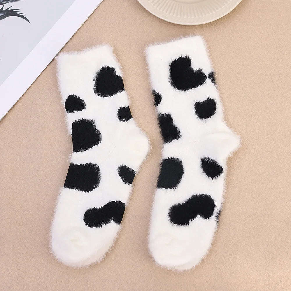 Dospita  -  Cartoon Cute Cow Mink Velvet Socks Women Winter Soft Fleece Plush Warm Home Sleep Boot Socks Kawaii Y2K Furry Thermal Tube Sox