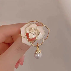 Dospita Enamel Flower Pearl Pendant Camellia Brooches Hollow Out Badge Vintage Temperament Collar Pins Clothing Accessories Jewelry