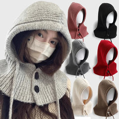 Dospita Solid Color Autumn Winter Hats For Women Men Knitted Warm Hooded Beanie One Piece Scarf Cap Outdoor Ear Protection Balaclava Hat