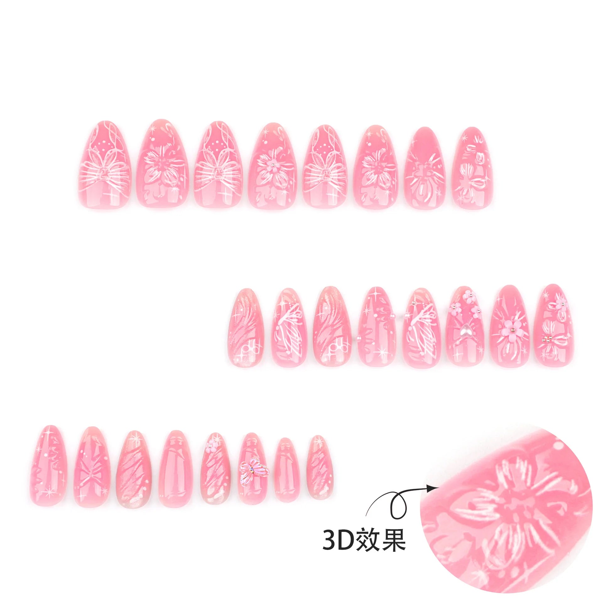 Dospita 24pcs 3D Pink Flower False Nails Sweet French Almond Fake Nail Patch Full Cover Wearable Hand-painted Butterfly Press on Nails