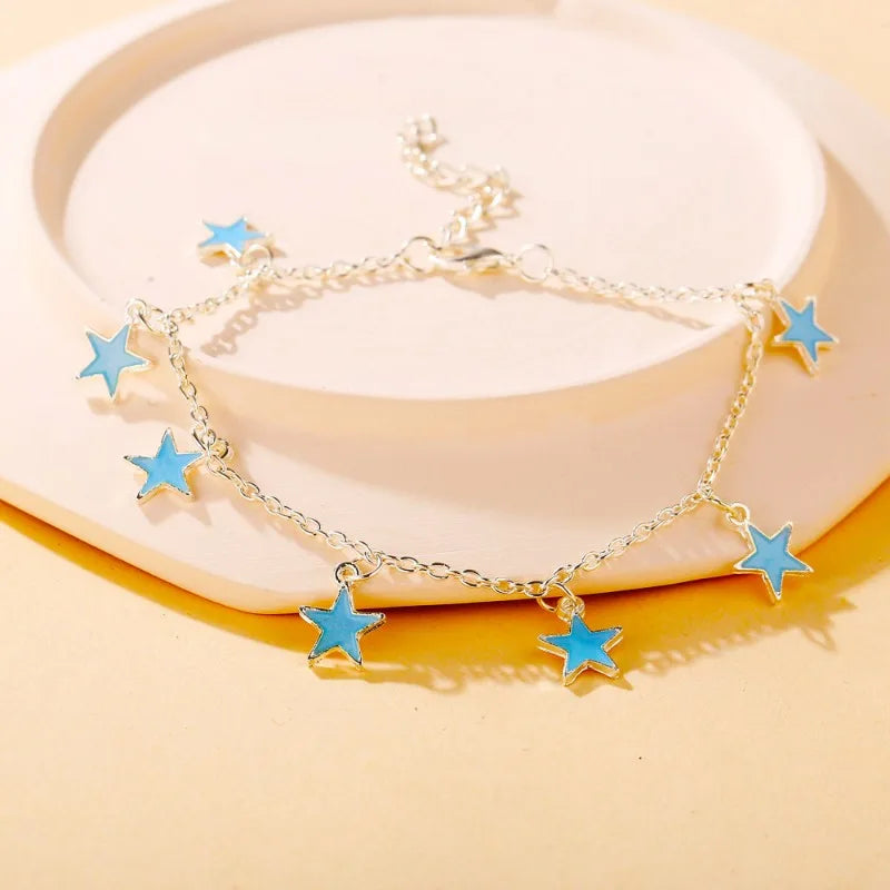 Dospita 1Pcs Luminous Ladies Beach Wind Blue Five-pointed Star Tassel Anklet Luminous Star Bracelet Foot Jewelry for Women Boho Jewelry