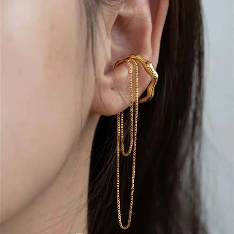 Dospita Pink Double Layer Chain Tassel Clip Earrings for Women Irregular Metal No Piercing Ear Cuff Simply Design Girls Modern Jewelry