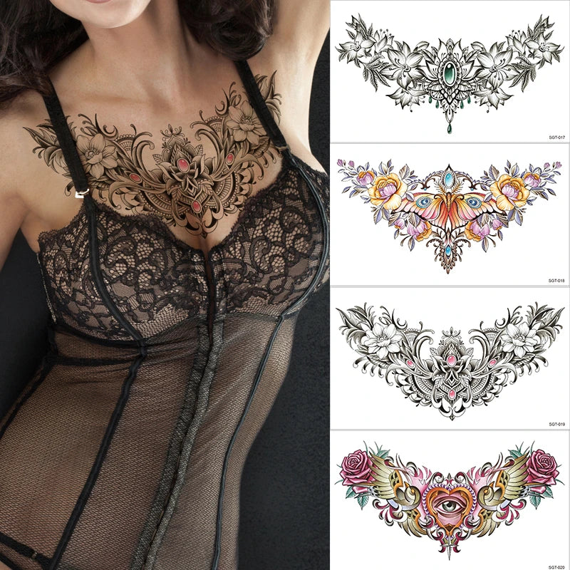 Dospita  -  4Pcs/lot Sexy Pendants Flower Flash Tattoo Sticker Women Chest Bracelet Waterproof Tatoo Makeup Temporary Tattoo Under Breast