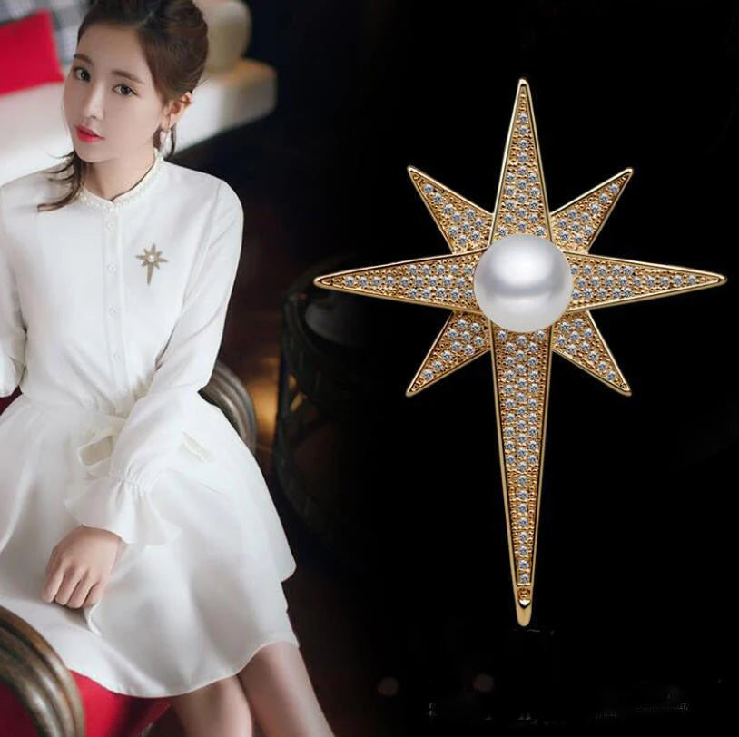 Dospita Shiny Encrusted Rhinestone Pearl Layer Eight Pointed Star Brooches Pins Men And Momen Clothing Jewelry Party Accessories Gifts