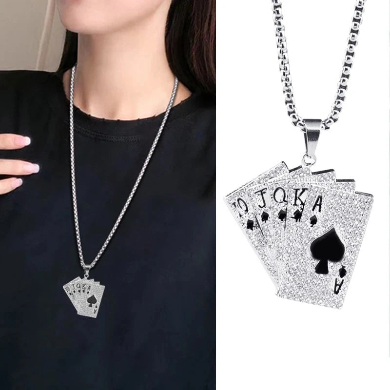 Dospita Hip Hop Poker Necklace Men Playing Cards Pendant Titanium Steel Long Box Chain Necklaces Unisex Punk Streetwear Collar Necklace