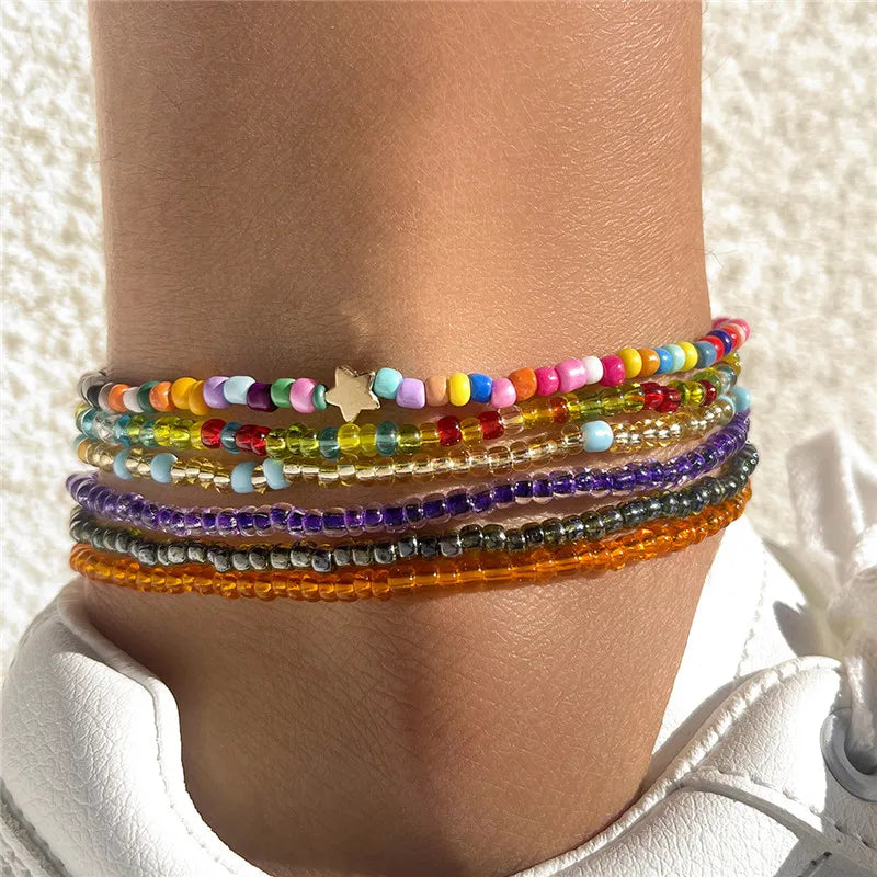 Dospita 6pcs/set Bohemian Colorful Beaded Beads Anklets For Women Summer Ocean Beach Handmade Ankle Bracelet Foot Leg Beach Jewelry Gift